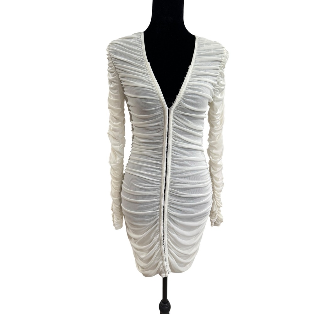 Lioness Garter Mini Dress White Ruched Mesh Hook-and-Eye Long Sleeve US 4 NEW